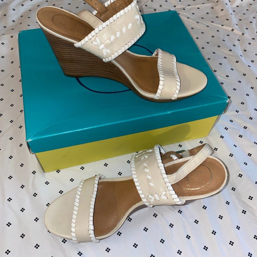 Jack Rogers Women's Shoe Vanessa Stacked Wedge in Bone/White Size 10